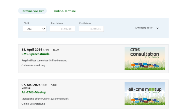 Schaltflächenartiger Link 'Termine vor Ort', daneben 'Online-Termine', darunter ein Filterbereich mit Auswahlliste 'CMS', Startdatum, Enddatum, Erweiterte Filter zum Aufklappen, in der Liste darunter Teaser zu: CMS-Sprechstunde am 18. April 2024 und All-CMS-Meetup am 7. Mai 2024