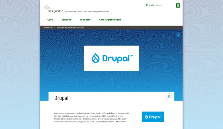 Logo of the CMS Drupal on top of a blue patterned background, profile text and an inverted logo variant underneath