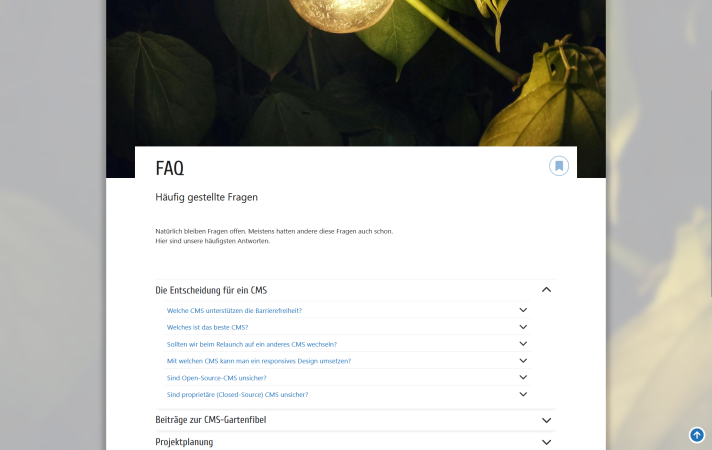 Cropped photo of a light bulb, below list with nested, expandable question categories and questions