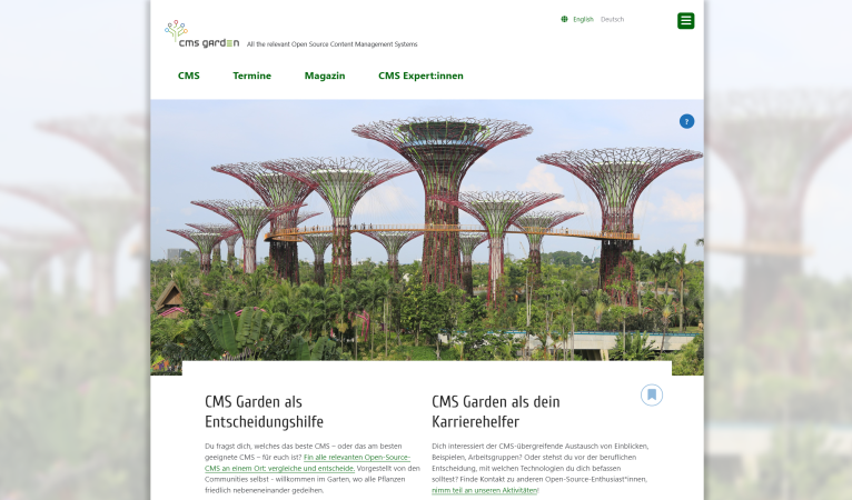 Home page. The main image shows artificial tree structures in a park