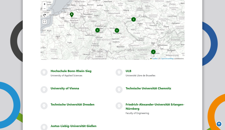 Kartendarstellung mit Markierungen, darunter eine Liste mit Hochschulen