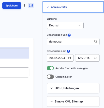 Administrativ-Menü im OpenCulturas-Backend