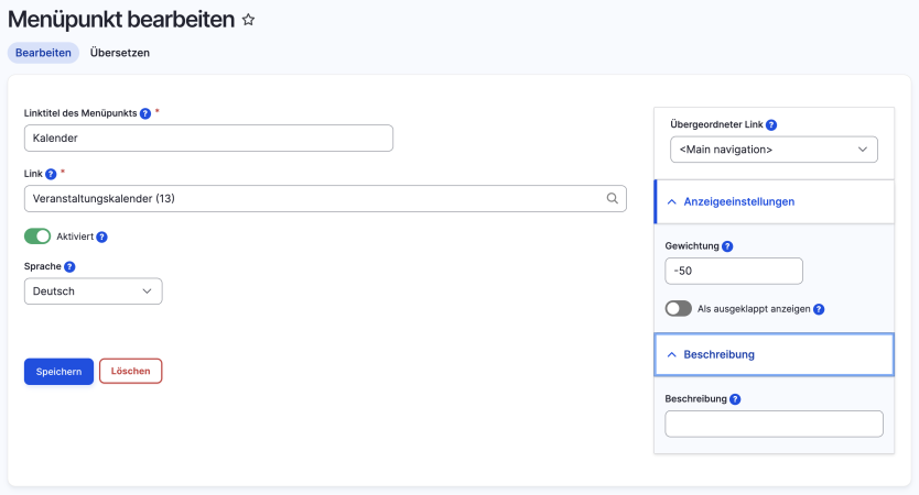 OC-Backend: Editieren eines Menülinks