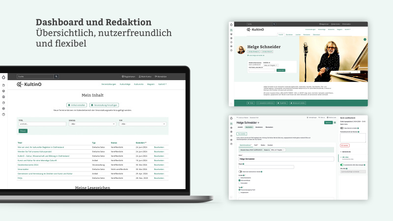 Screens zeigen das Dashboard und die Redaktionsoberfläche für die User