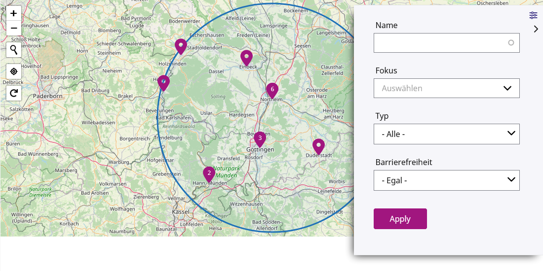 Bildschirmfoto einer Karte mit Markierungen, darüber aufgeklappt ein Formular zum Filtern