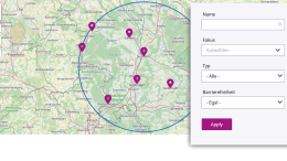 Bildschirmfoto einer Karte mit Markierungen, darüber aufgeklappt ein Formular zum Filtern