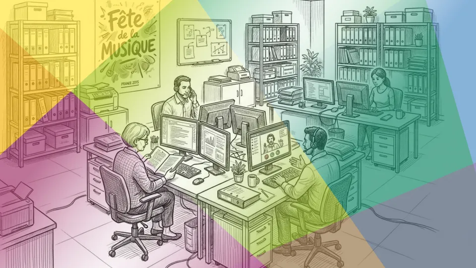 Büro mit Aktenregalen, vier Personen telefonieren, lesen und arbeiten an Computern