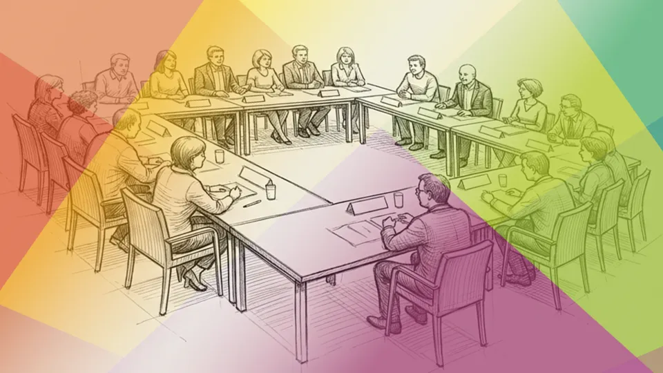 Eine Menge Personen sitzen in einer Tischrunde, vor sich Namensschilder, Schreibblocks und Getränke